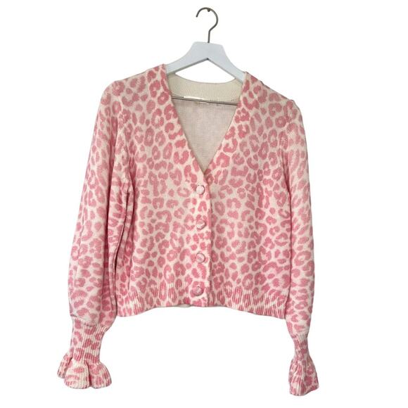 LoveShackFancy Boscom Cardigan XS Leopard Print Ruffle Cuff Button Front Sweater - Picture 3 of 11